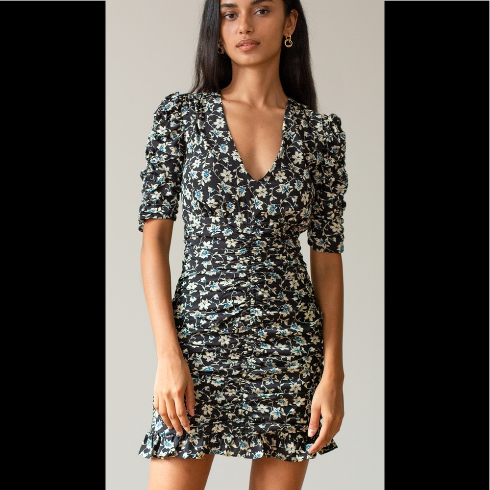 Veronica Beard Black Floral Mini Dress with Cream and Light Blue Flowers